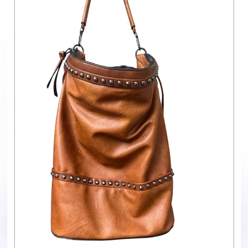 Sam and Hadley Large Faux Leather Barrel Bucket Bag Hobo Boho Rivets